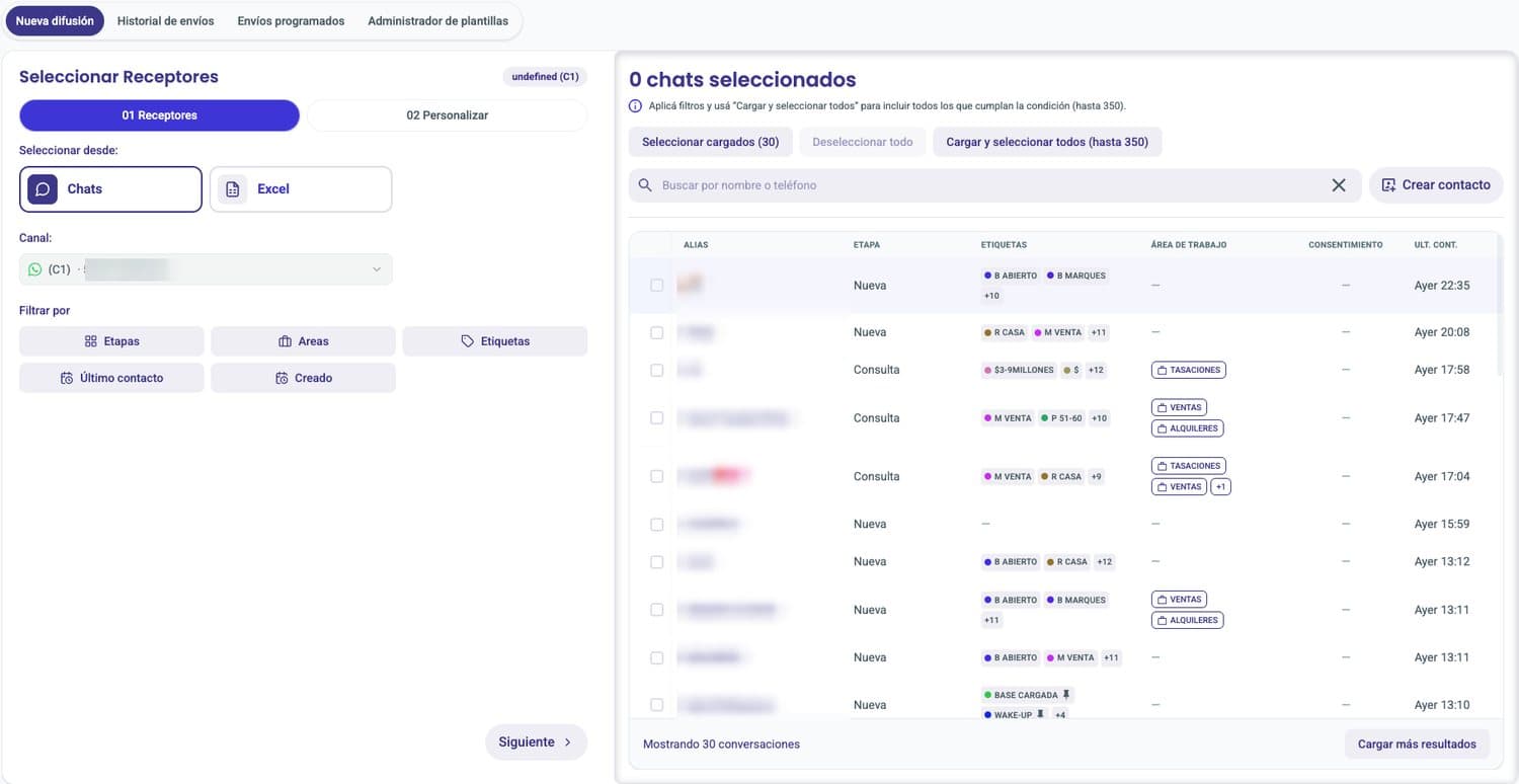 Módulo de difusión de Bricky, seleccionando receptores por etapa y etiquetas